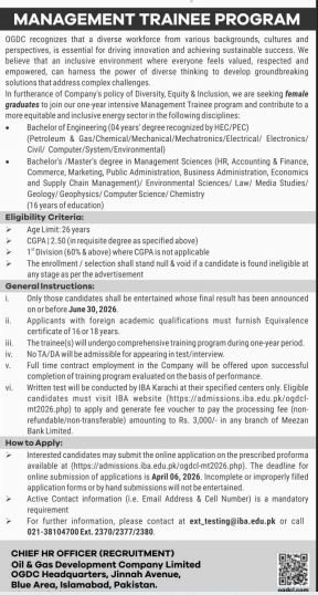 OGDCL Jobs 2026 – Female Management Trainee Program (Apply Online, Last Date)