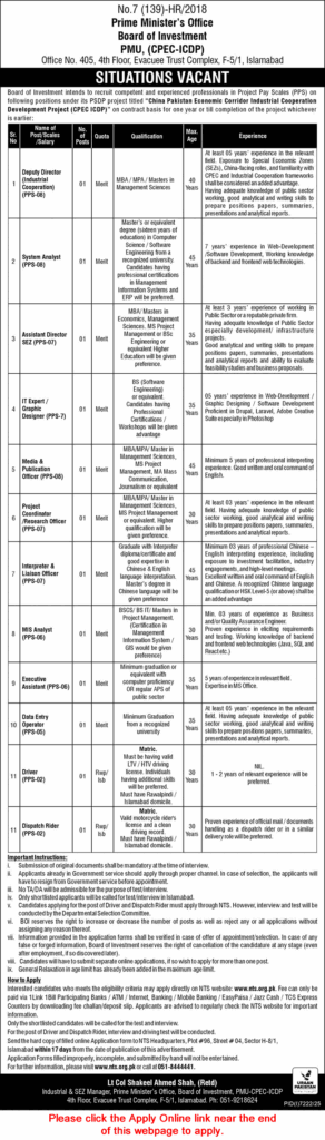 Prime Minister BOI Jobs 2026 NTS CPEC-ICDP Apply Online